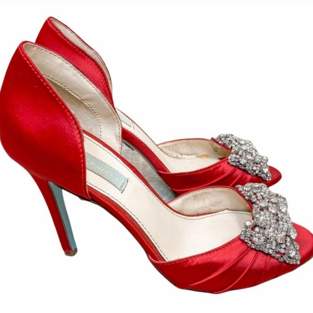 Betsey Johnson Red Satin Heels with Silver Embellishments